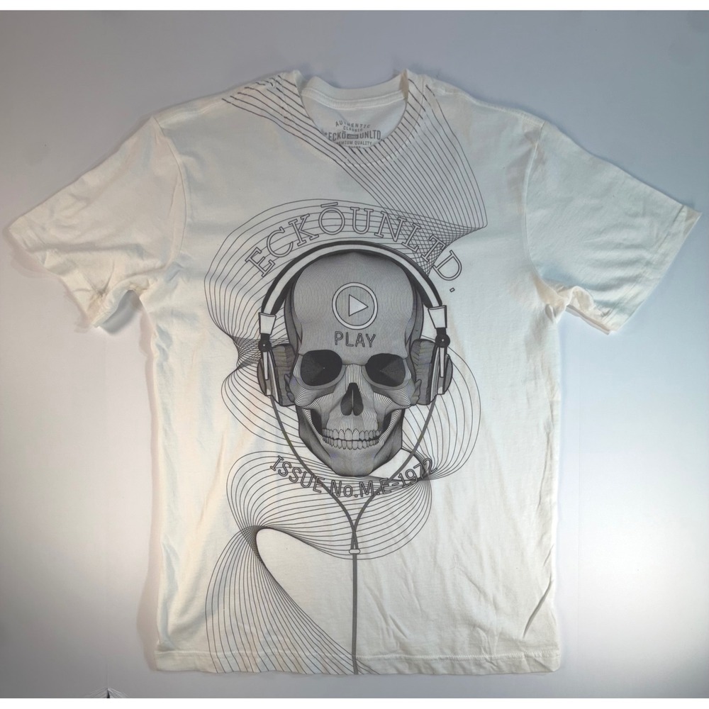 Ecko Unltd Mens Graphic T-Shirt White Skull Headphones Play Large